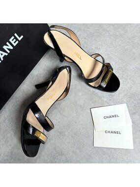 Chanel Logo Sandals Patent Leather Black Gold 37